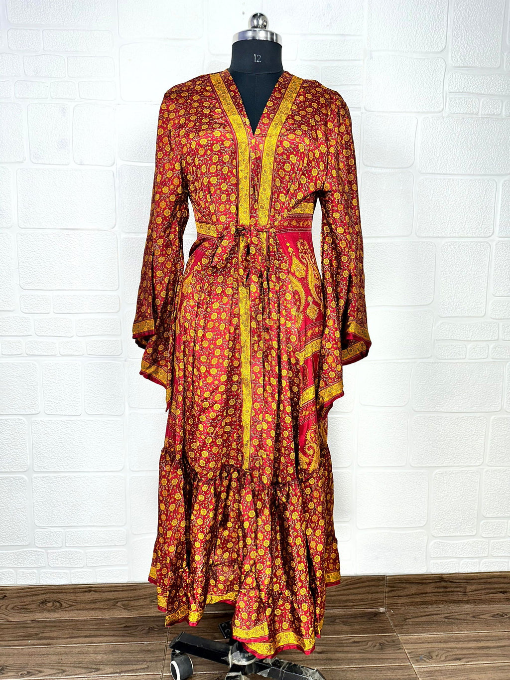 Women's Recycled Silk Kimono Robe in red yellow floral