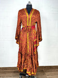 Women's Recycled Silk Kimono Robe in red yellow floral