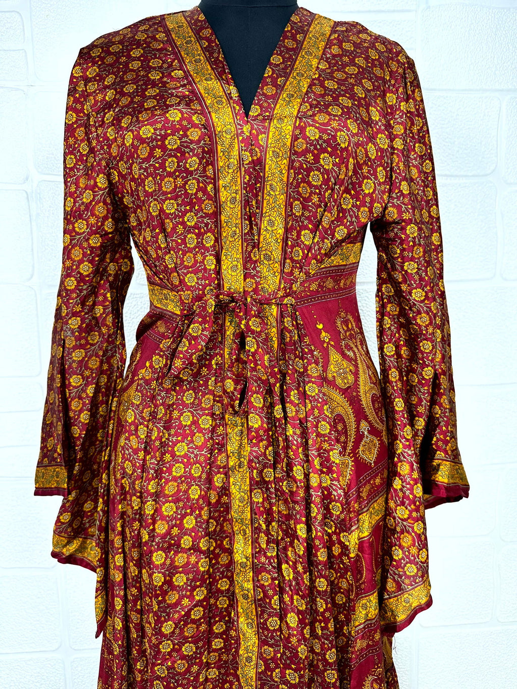 Women's Recycled Silk Kimono Robe in red yellow floral