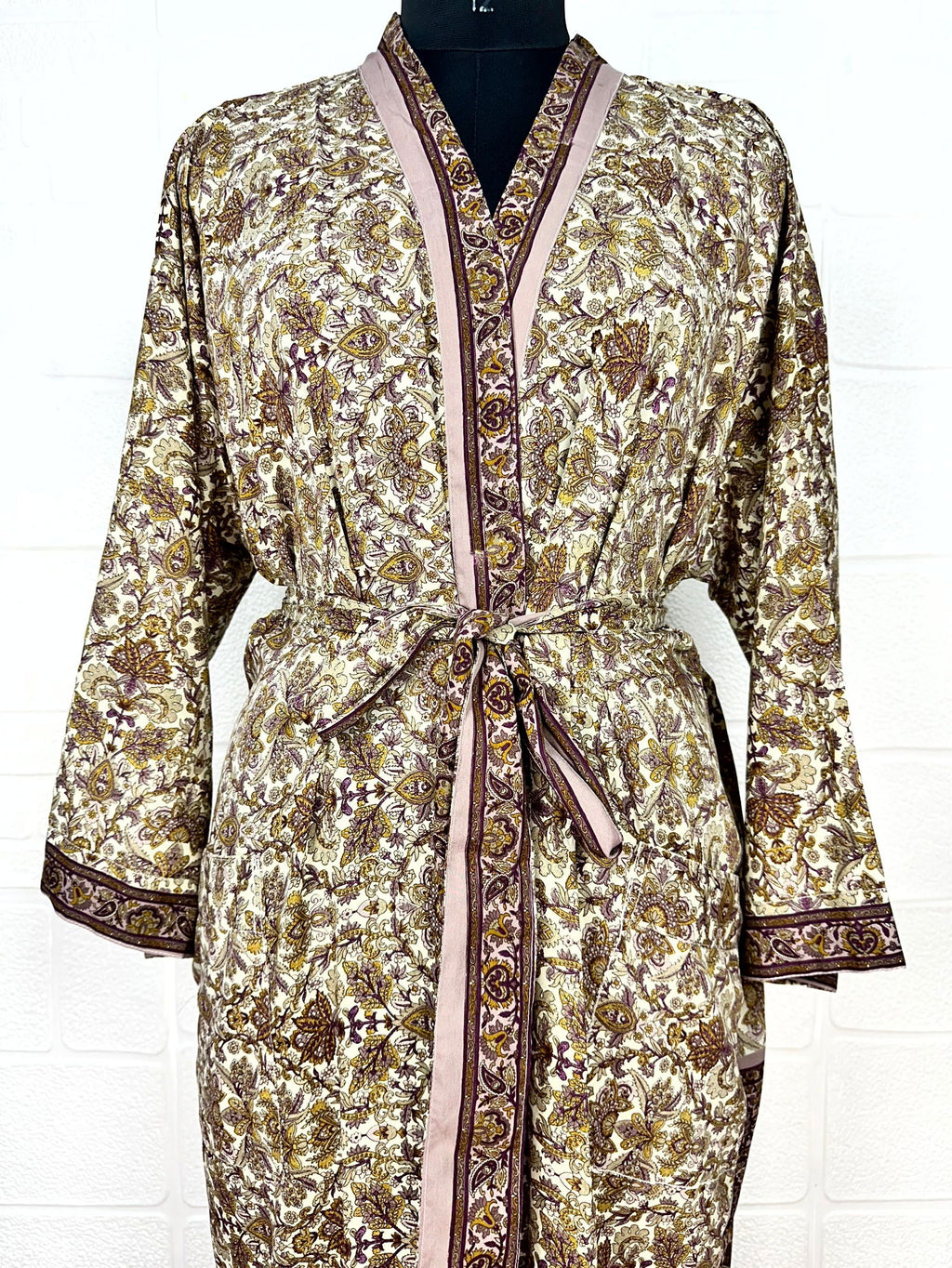 Women's Recycled Silk Kimono Robe in white brown floral
