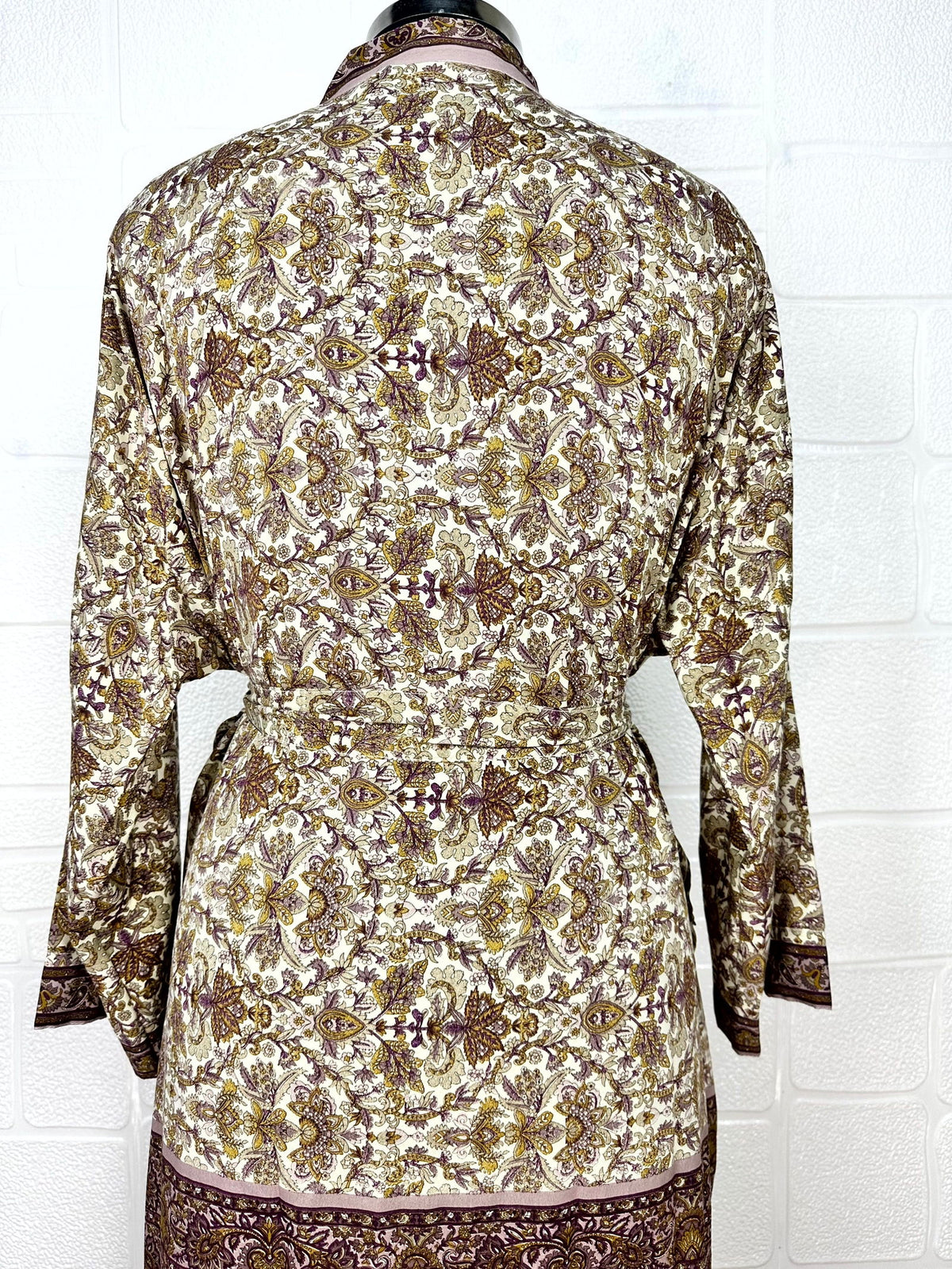 Women's Recycled Silk Kimono Robe in white brown floral