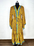 Women's Recycled Silk Kimono Robe in yellow geometric