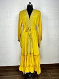 Women's Recycled Silk Kimono Robe in yellow geometric
