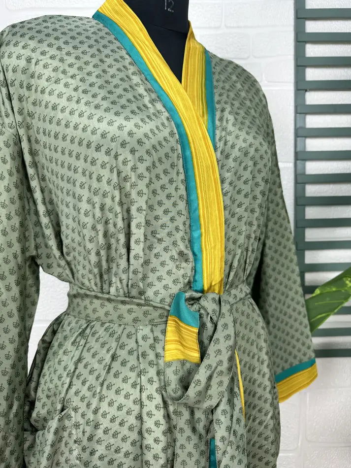 Women's Recycled Silk Kimono Robe in green yellow