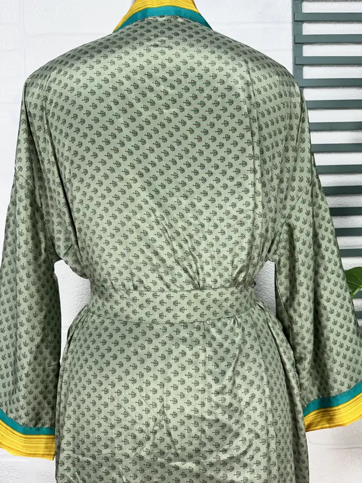 Women's Recycled Silk Kimono Robe in green yellow