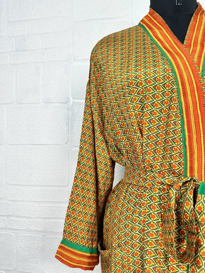 Women's Recycled Silk Kimono Robe in green yellow