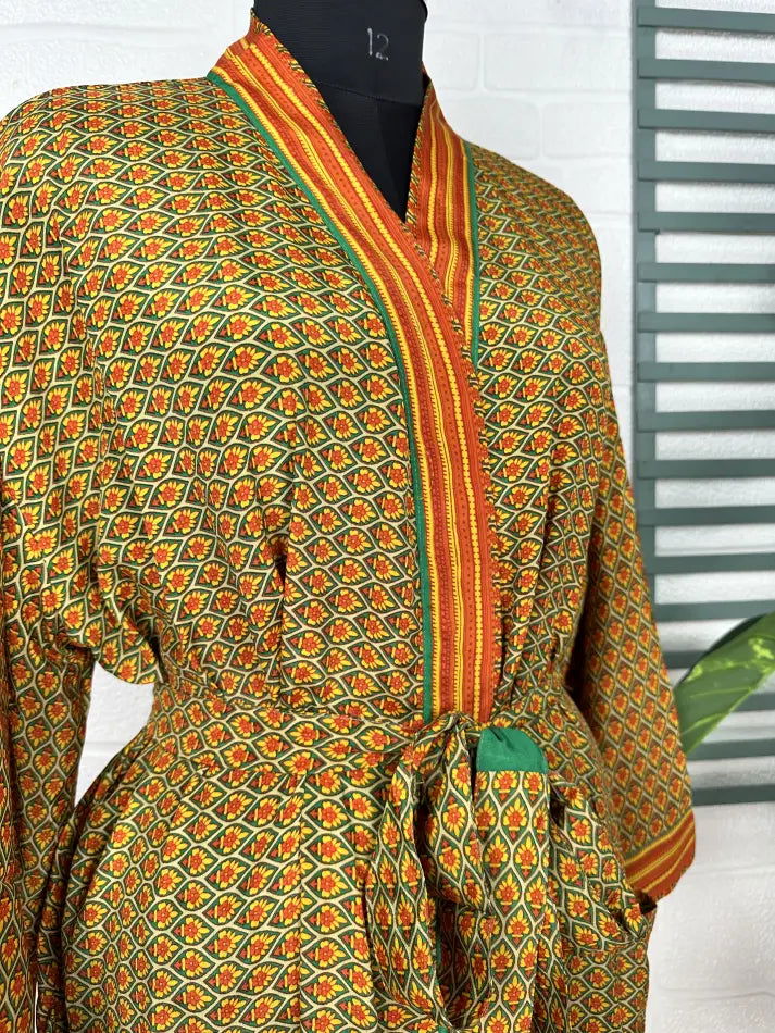 Women's Recycled Silk Kimono Robe in green yellow