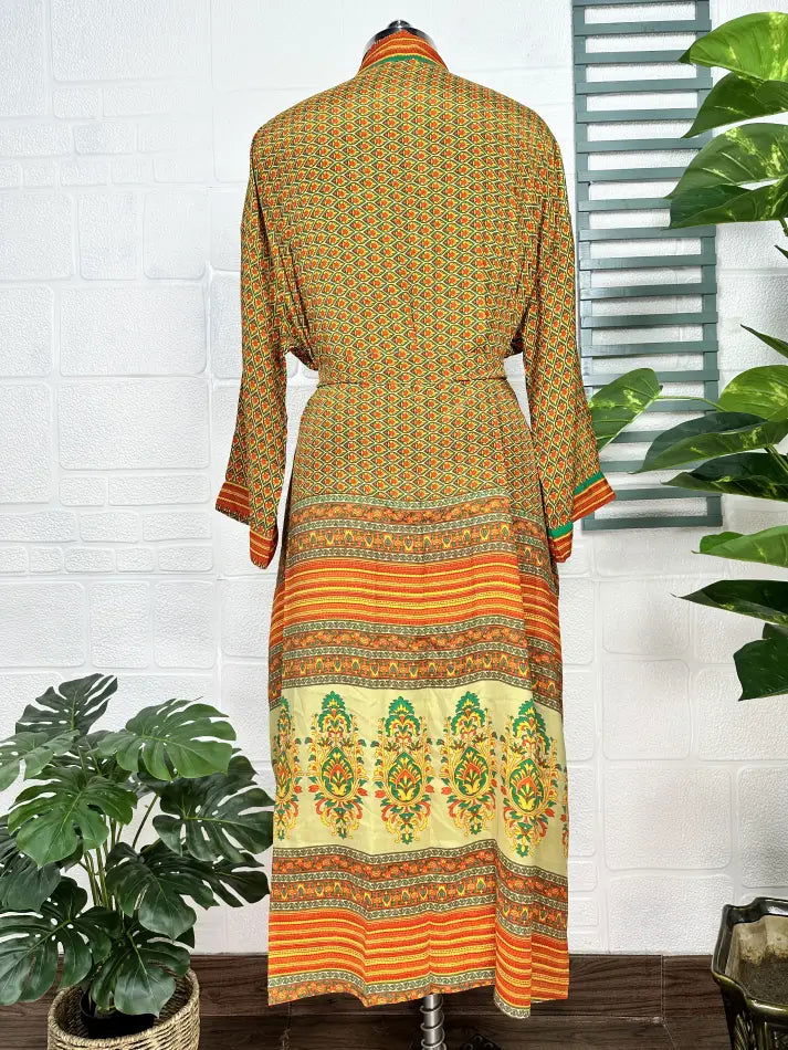 Women's Recycled Silk Kimono Robe in green yellow