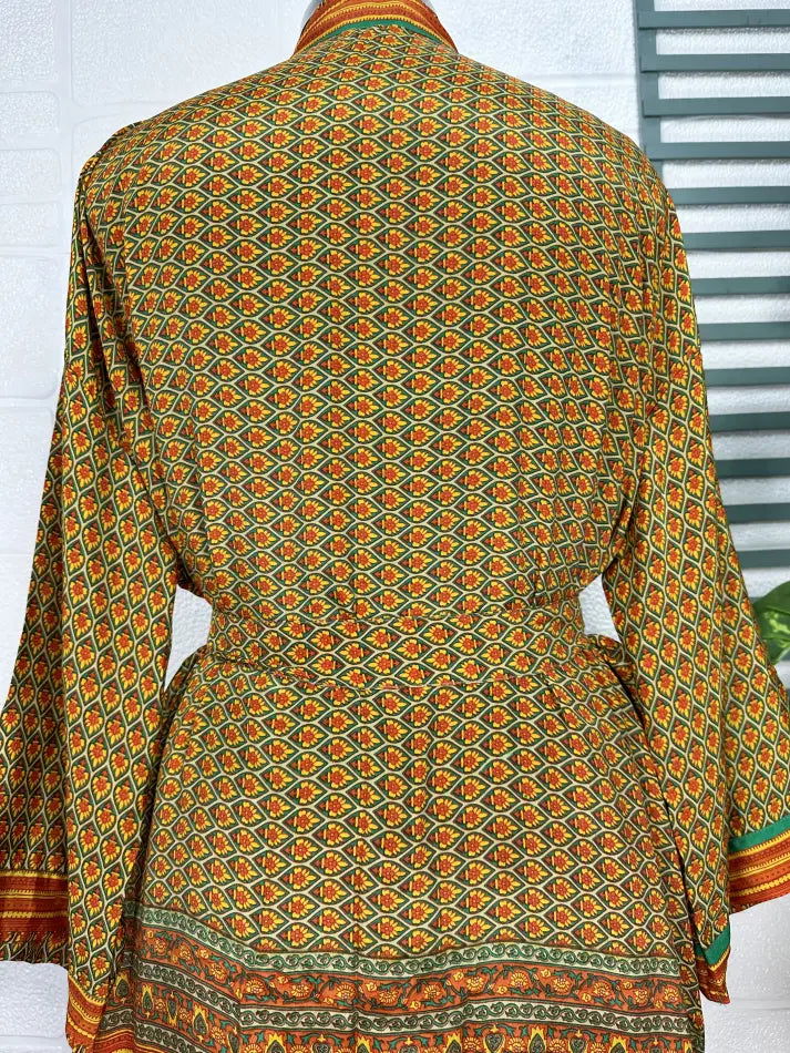 Women's Recycled Silk Kimono Robe in green yellow