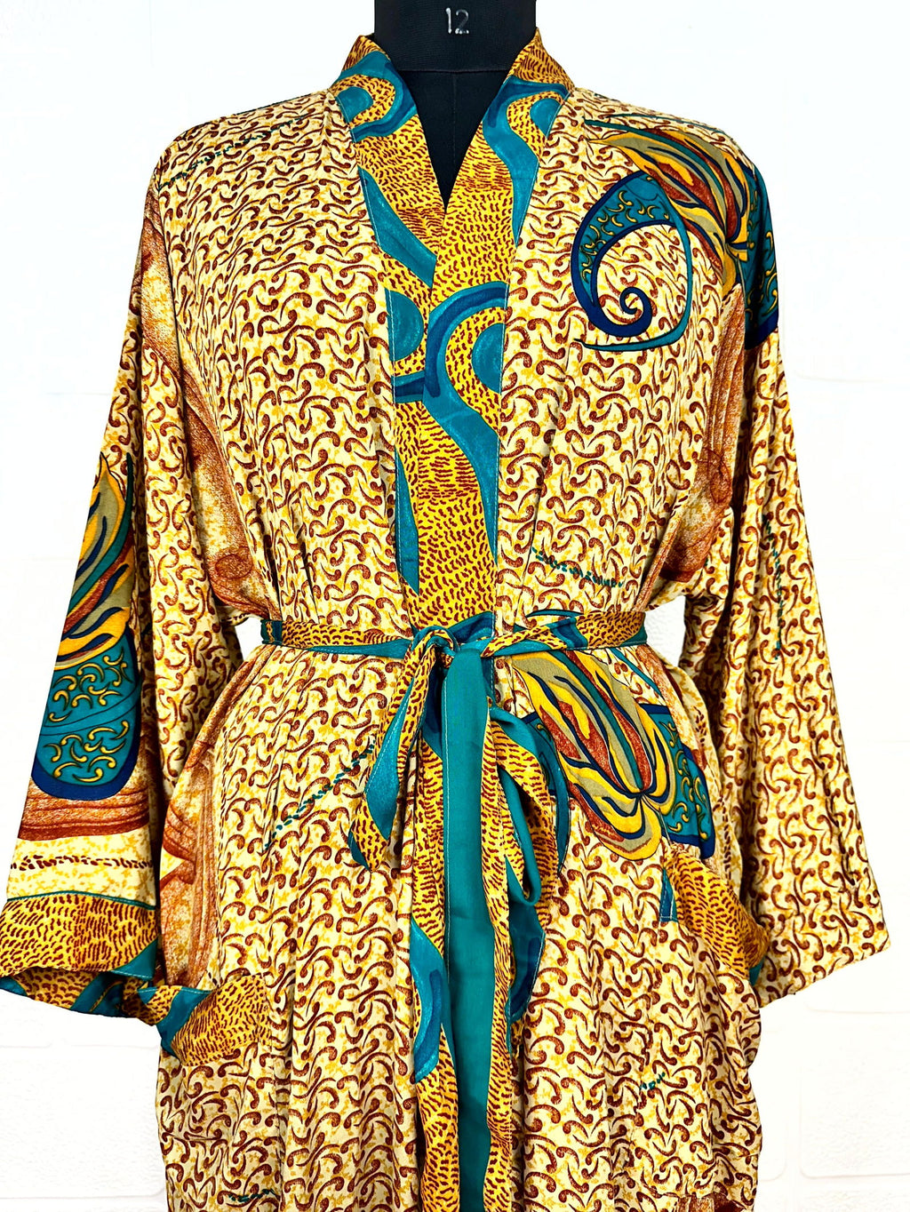Women's Recycled Silk Kimono Robe in paisley