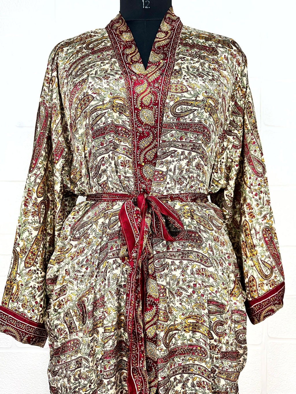 Women's Recycled Silk Kimono Robe in paisley