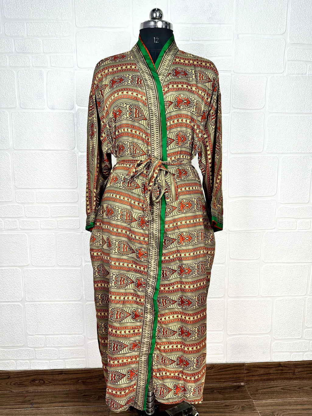 Women's Recycled Silk Kimono Robe in grey orange paisley