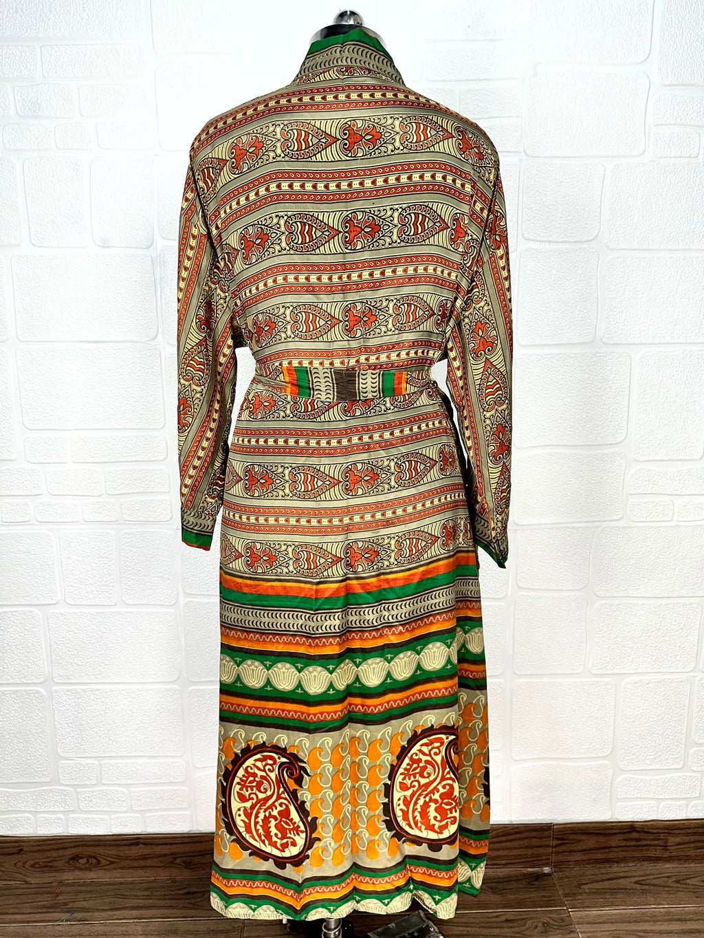 Women's Recycled Silk Kimono Robe in grey orange paisley