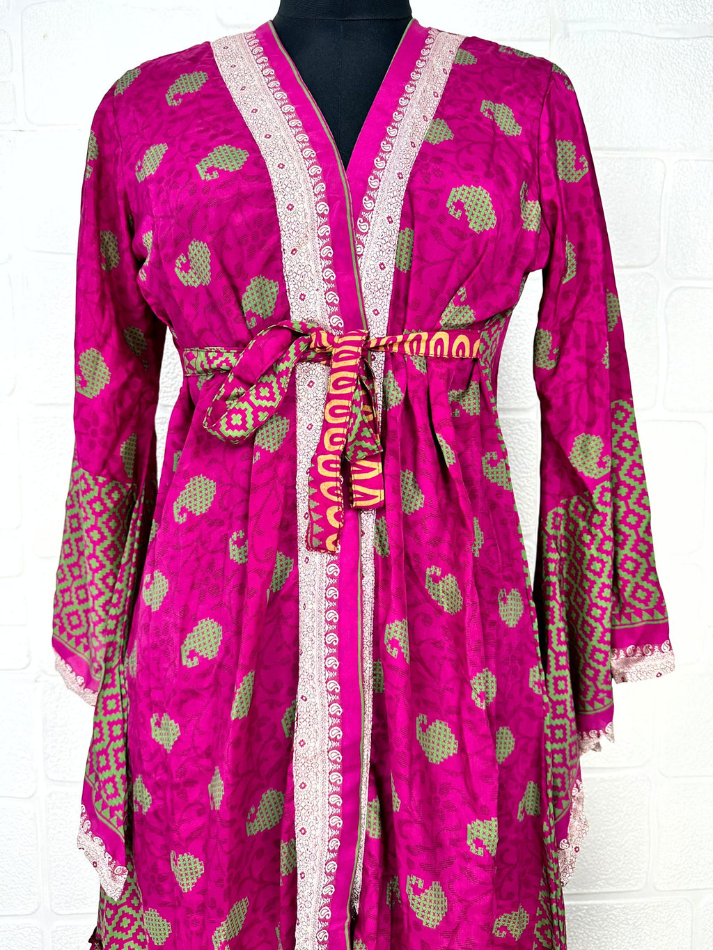 Women's Recycled Silk Kimono Robe in pink paisley