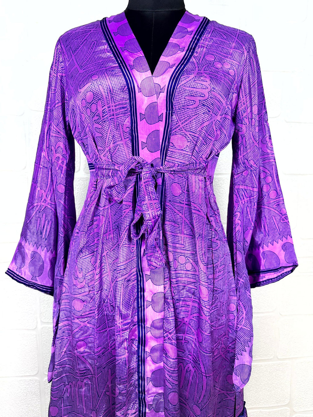 Women's Recycled Silk Kimono Robe in purple