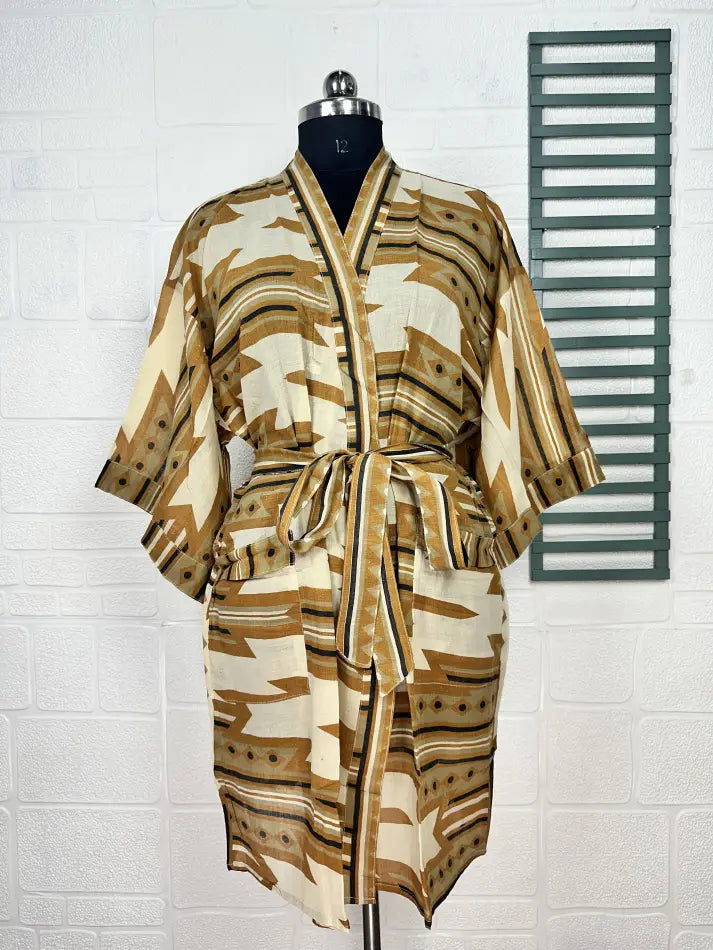 Cotton Kimono Robe in beige brown tie-dye