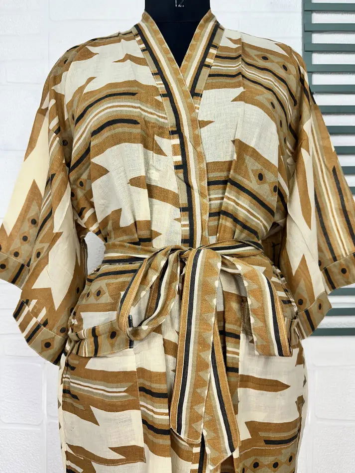 Cotton Kimono Robe in beige brown tie-dye