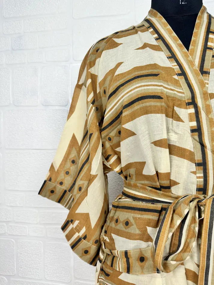 Cotton Kimono Robe in beige brown tie-dye
