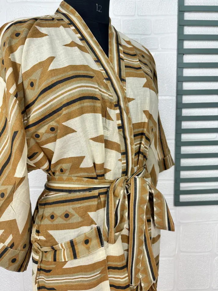 Cotton Kimono Robe in beige brown tie-dye