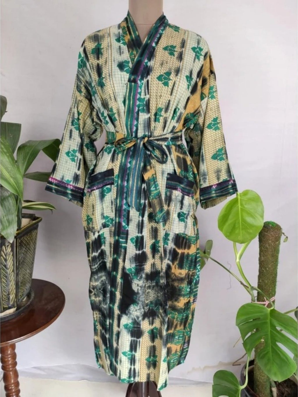 Cotton Kimono Robe in beige green floral