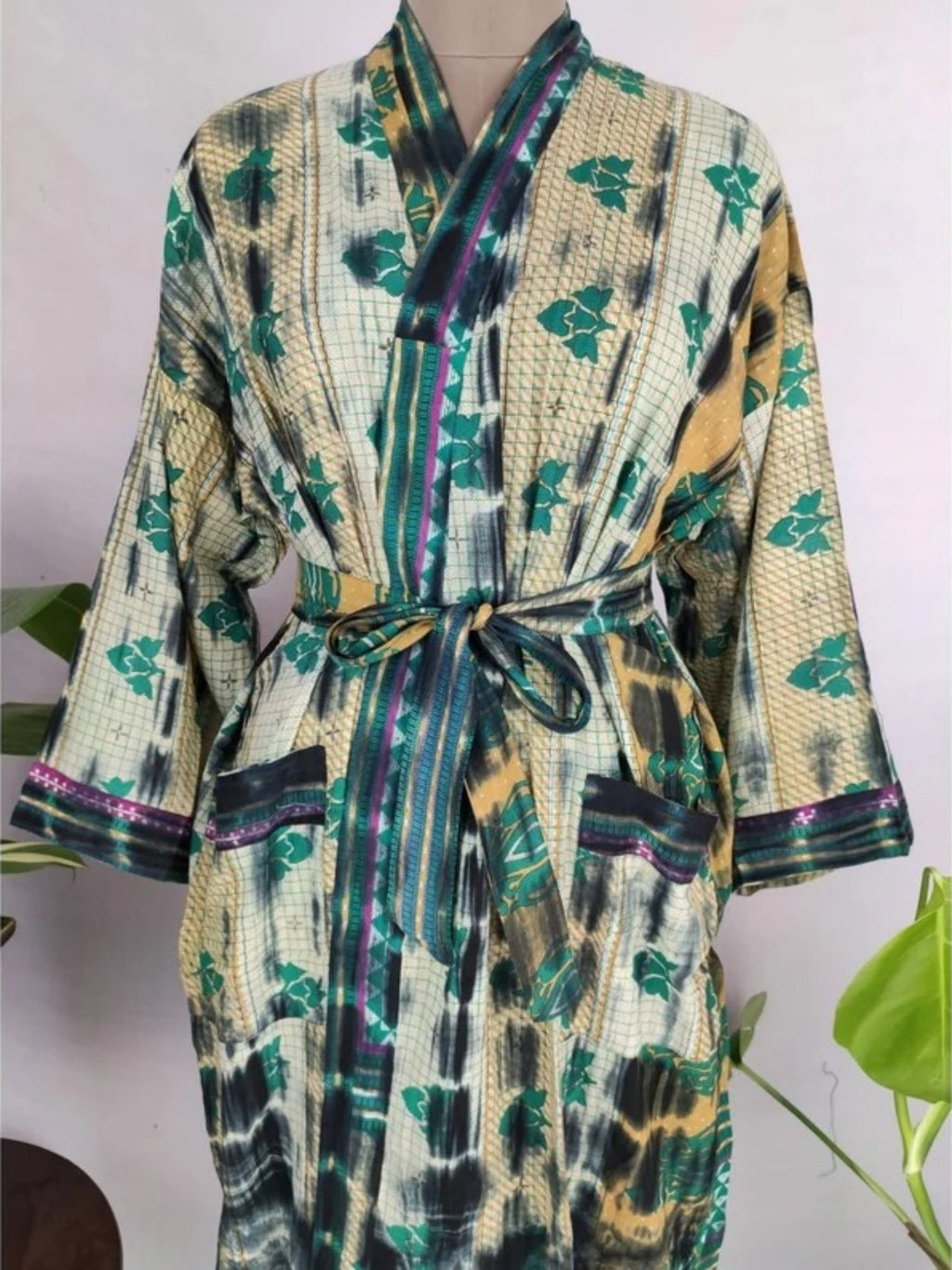 Cotton Kimono Robe in beige green floral