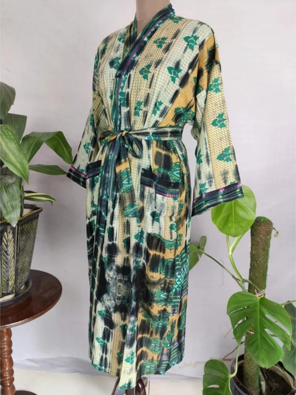Cotton Kimono Robe in beige green floral