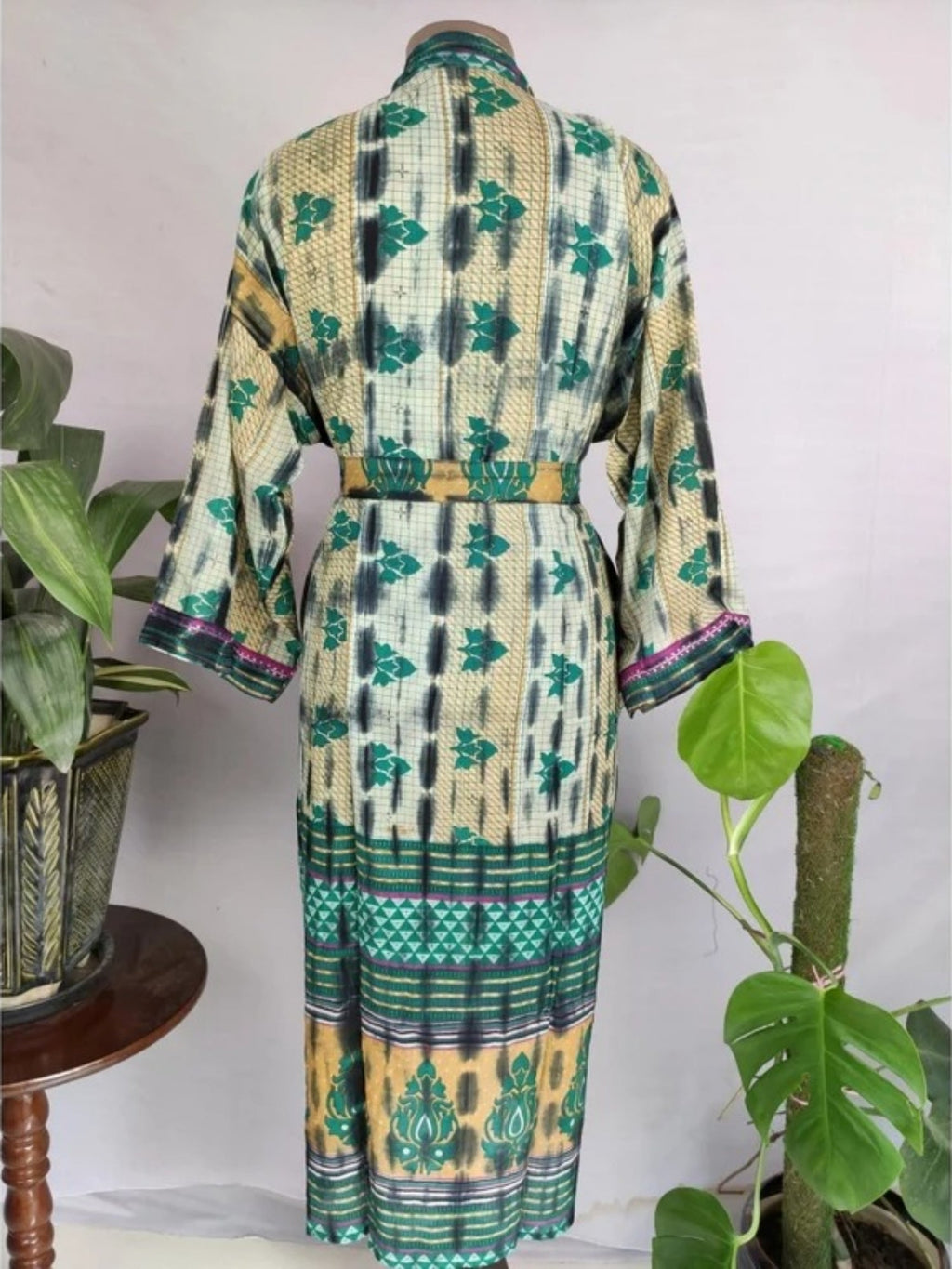 Cotton Kimono Robe in beige green floral