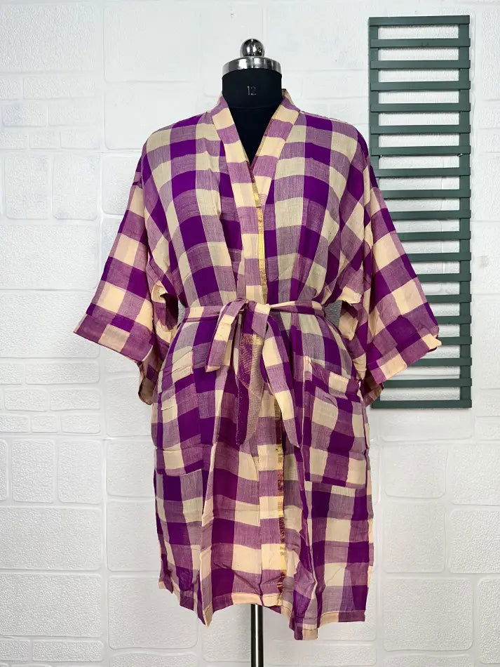Cotton Kimono Robe in beige purple checked
