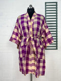 Cotton Kimono Robe in beige purple checked