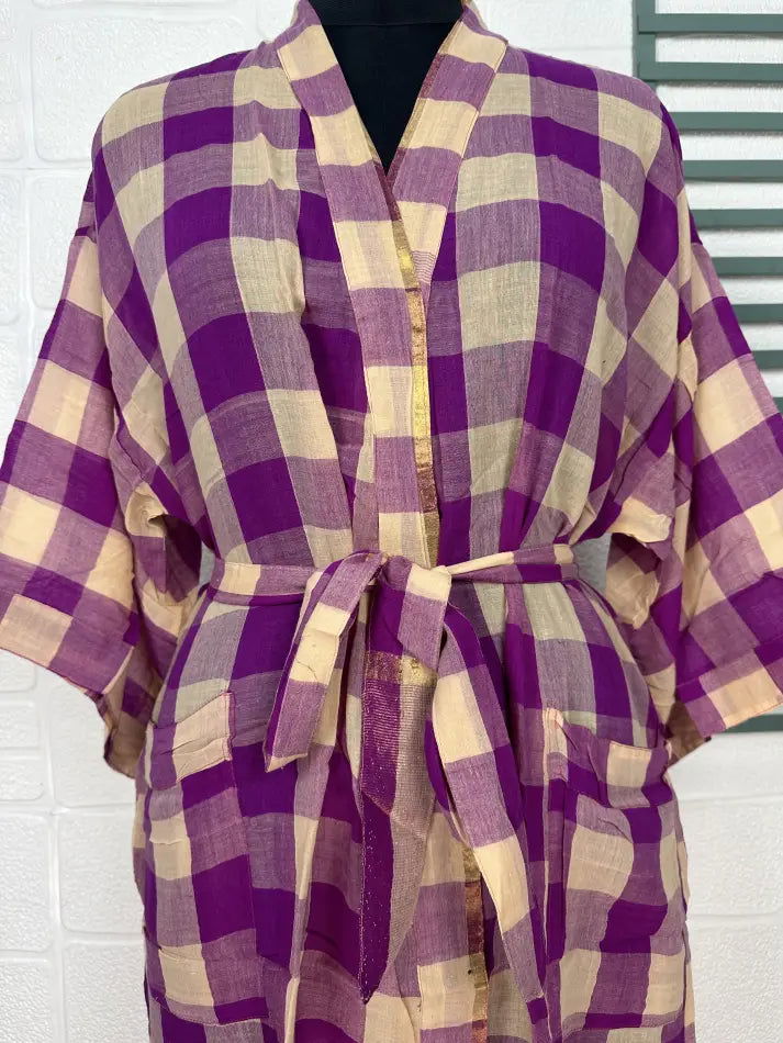 Cotton Kimono Robe in beige purple checked