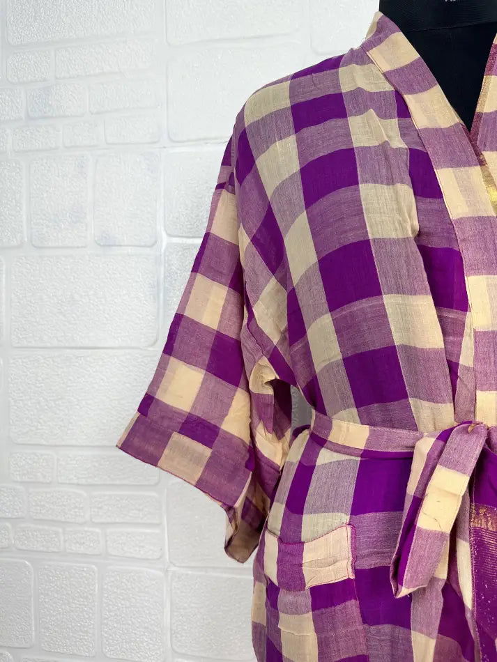 Cotton Kimono Robe in beige purple checked