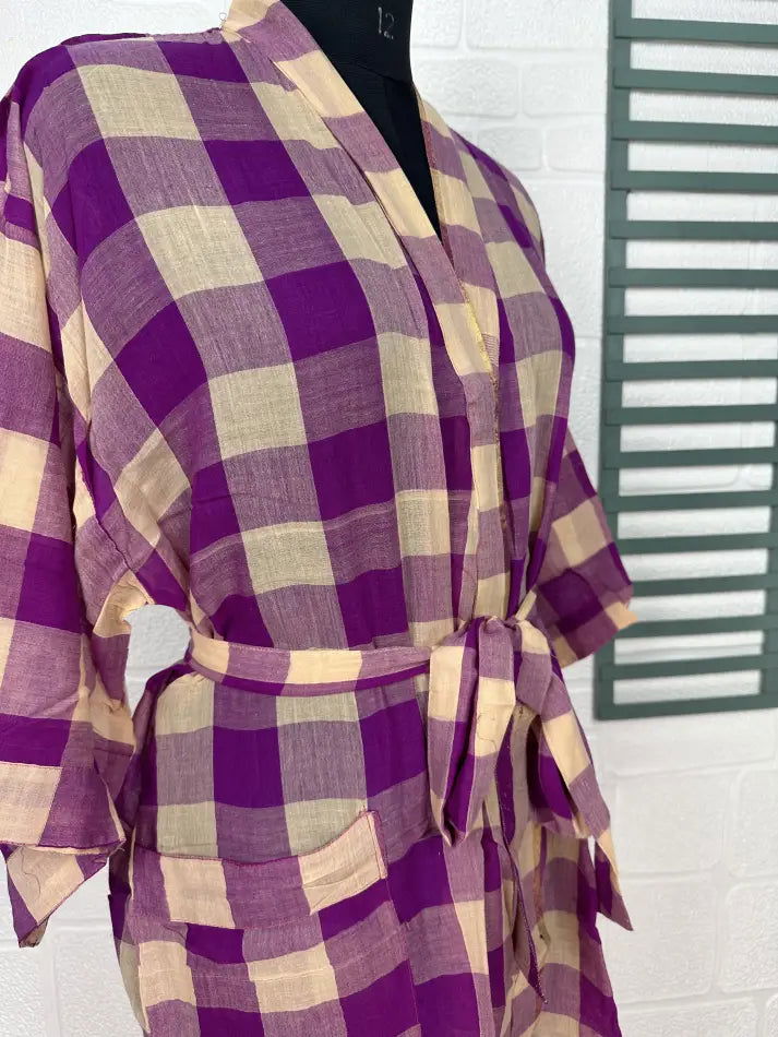 Cotton Kimono Robe in beige purple checked