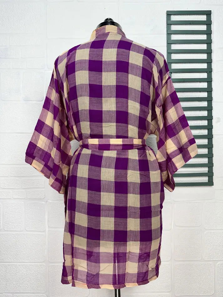 Cotton Kimono Robe in beige purple checked
