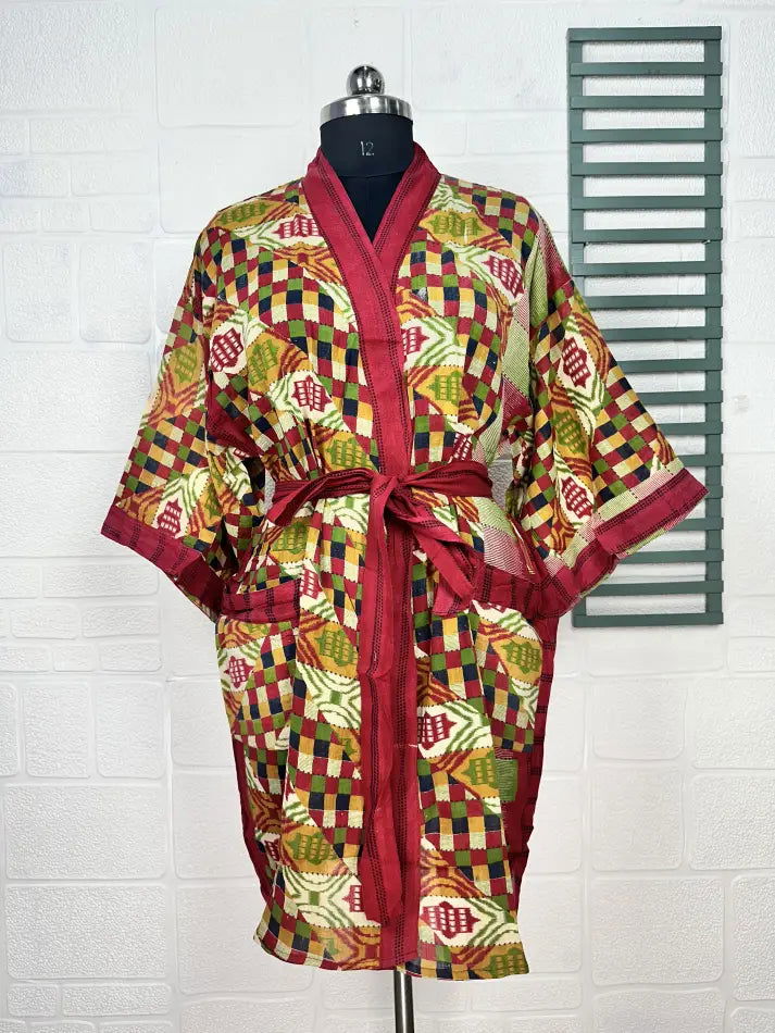 Cotton Kimono Robe in beige red geometric