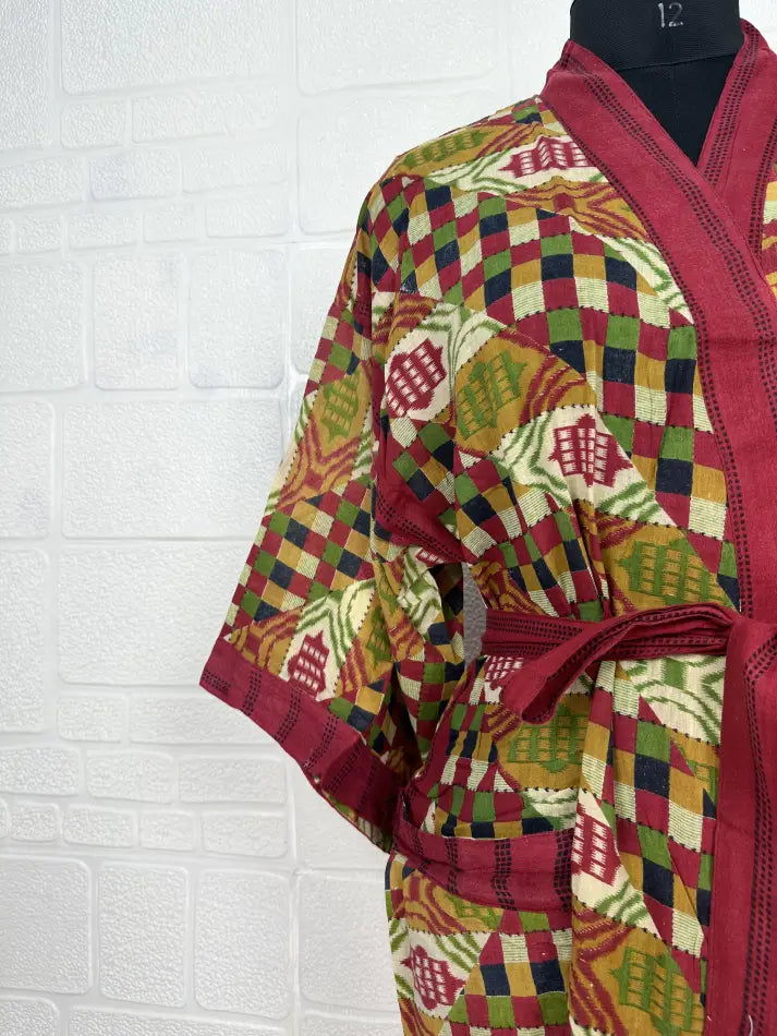 Cotton Kimono Robe in beige red geometric