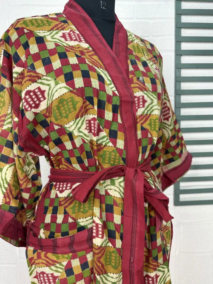 Cotton Kimono Robe in beige red geometric