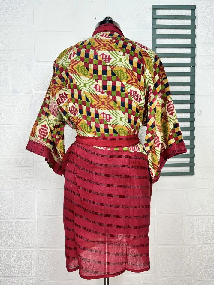 Cotton Kimono Robe in beige red geometric