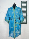 Cotton Kimono Robe in blue green floral