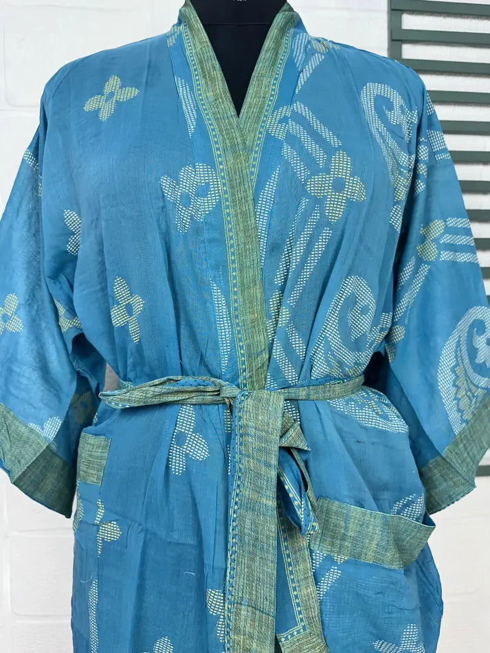 Cotton Kimono Robe in blue green floral