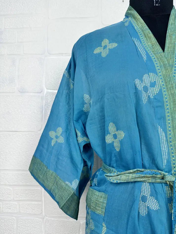 Cotton Kimono Robe in blue green floral