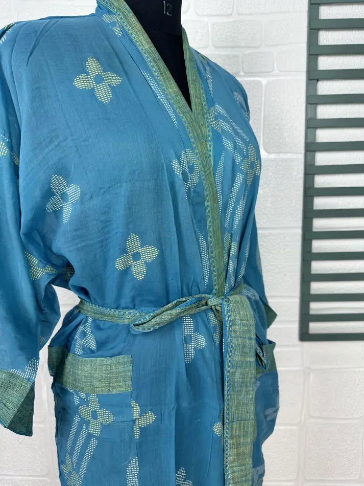 Cotton Kimono Robe in blue green floral
