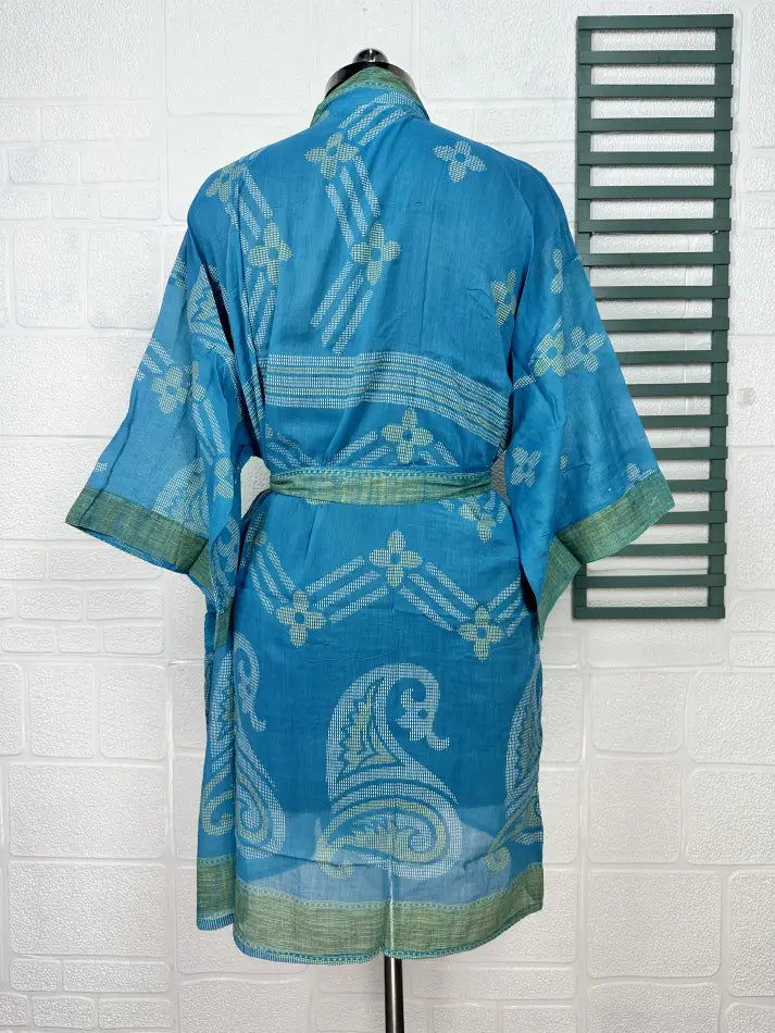 Cotton Kimono Robe in blue green floral