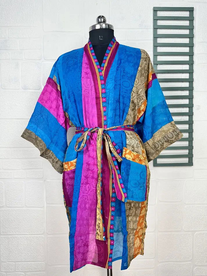 Cotton Kimono Robe in blue pink floral