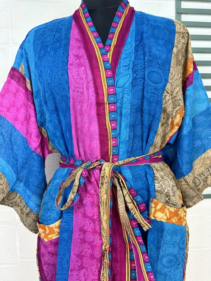 Cotton Kimono Robe in blue pink floral