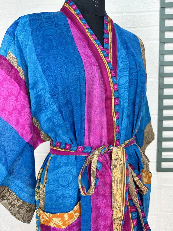 Cotton Kimono Robe in blue pink floral