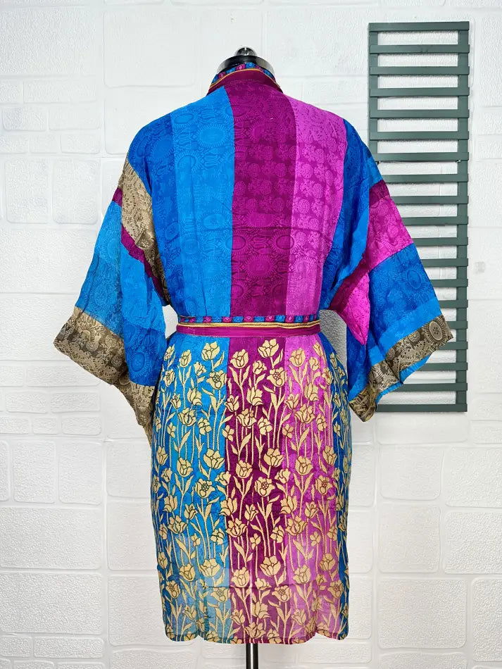 Cotton Kimono Robe in blue pink floral