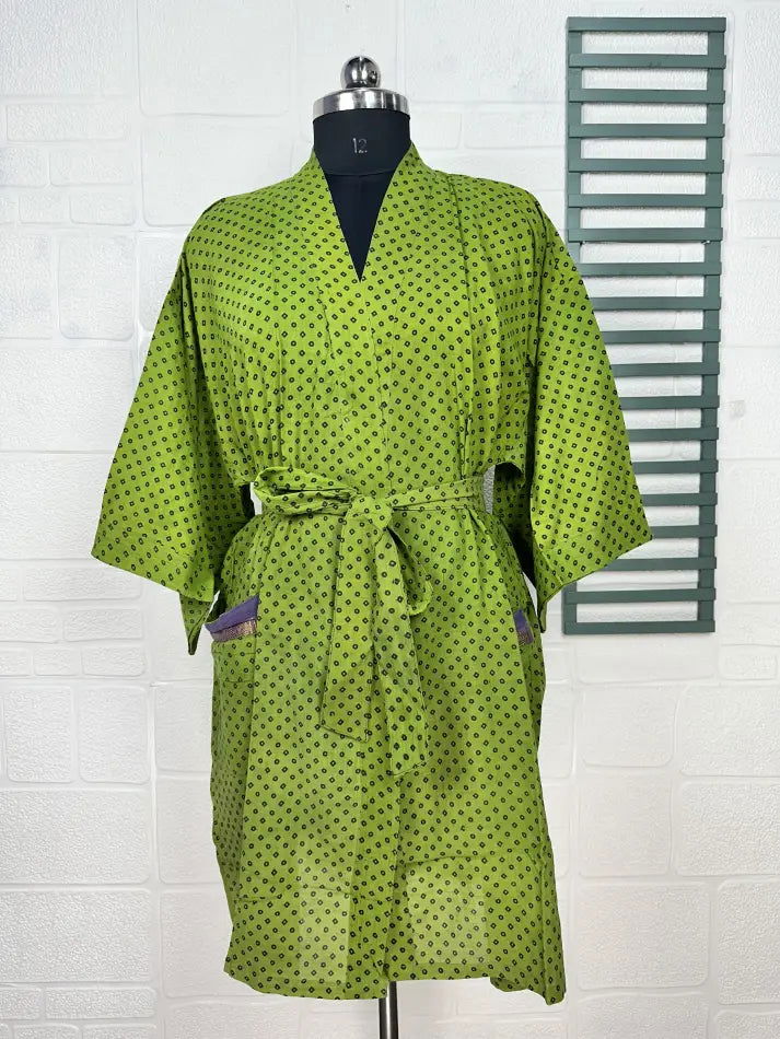 Cotton Kimono Robe in green black geometric