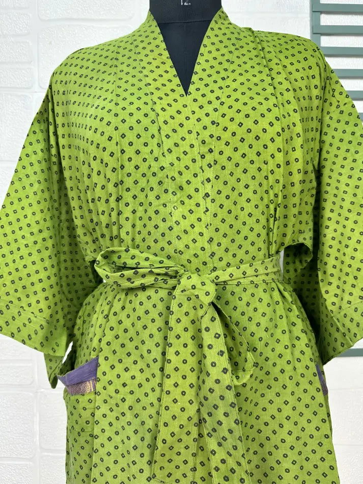 Cotton Kimono Robe in green black geometric