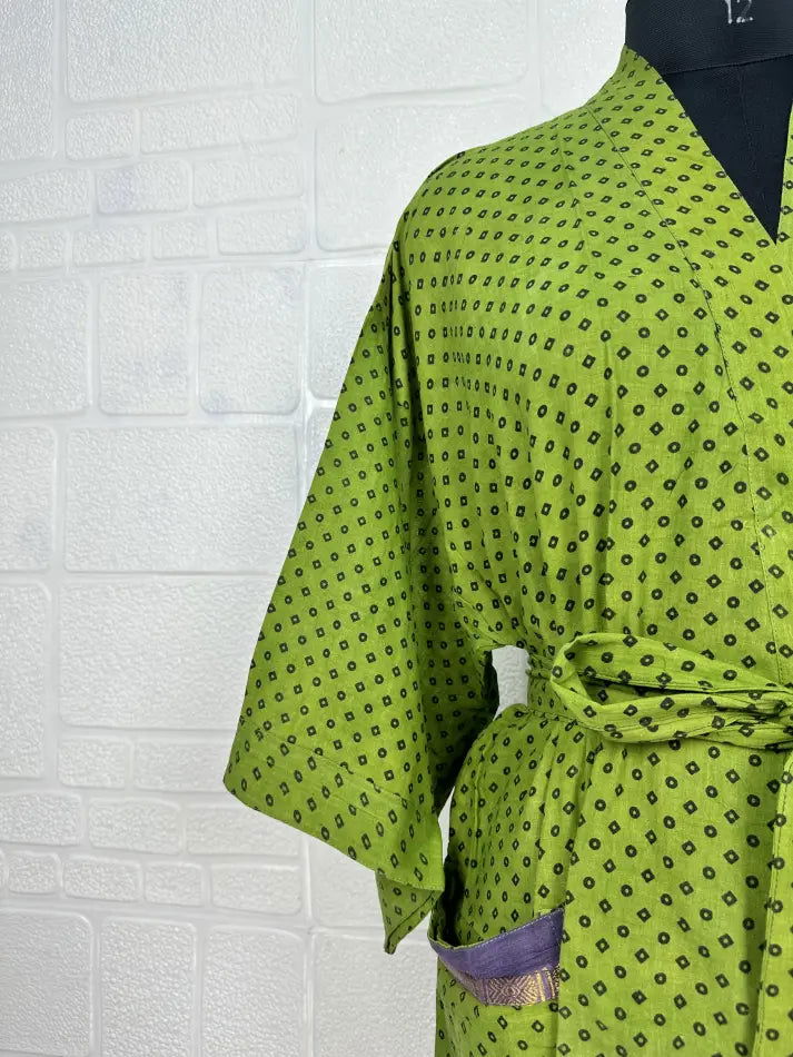 Cotton Kimono Robe in green black geometric