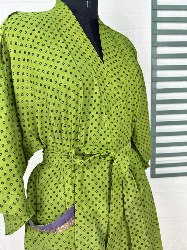 Cotton Kimono Robe in green black geometric